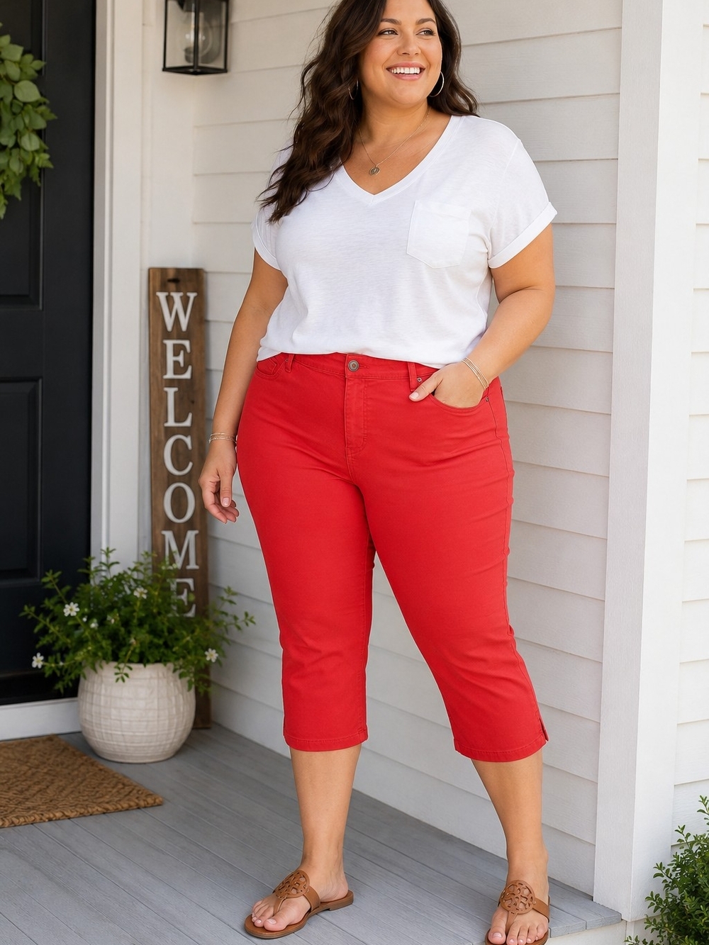 St. John's Bay Red High Rise Stretch Denim Capri Jeans Plus Size 24W